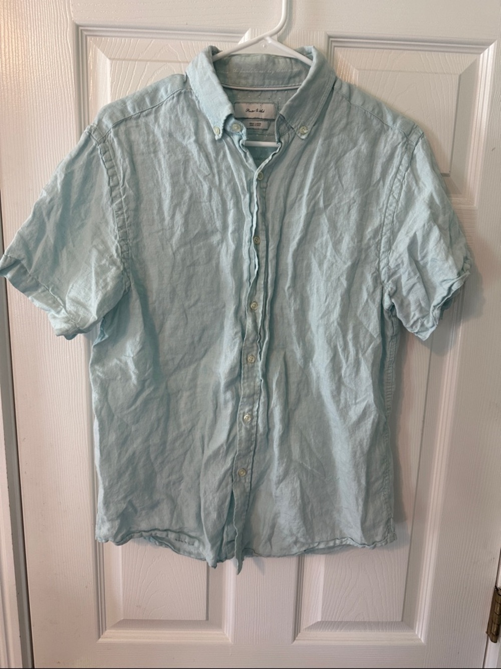 Porter & Ash Men's Light Mint Short-Sleeve Button-Down Linen Shirt (M)